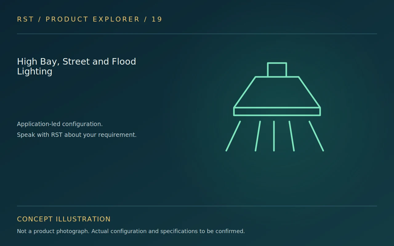 Concept illustration — High Bay, Street and Flood Lighting; actual RST configuration to be confirmed