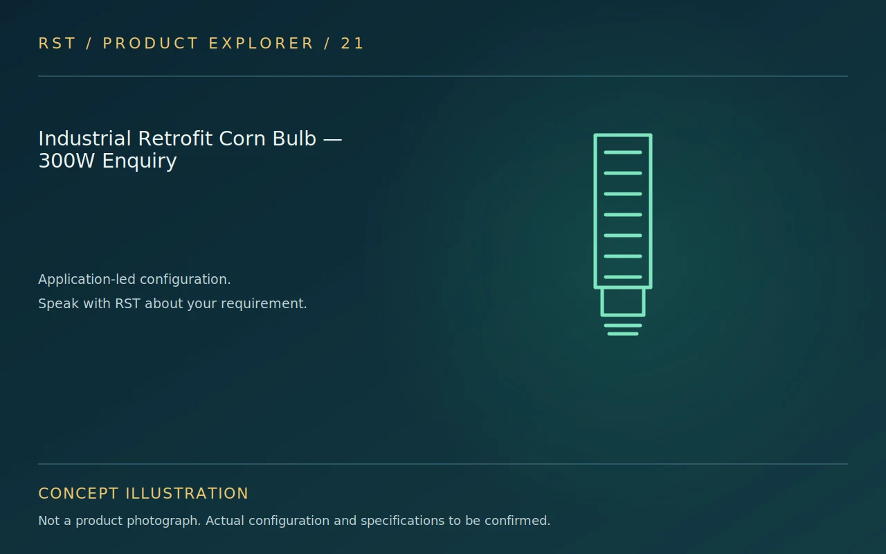 Concept illustration — Industrial Retrofit Corn Bulb — 300W Enquiry; actual RST configuration to be confirmed